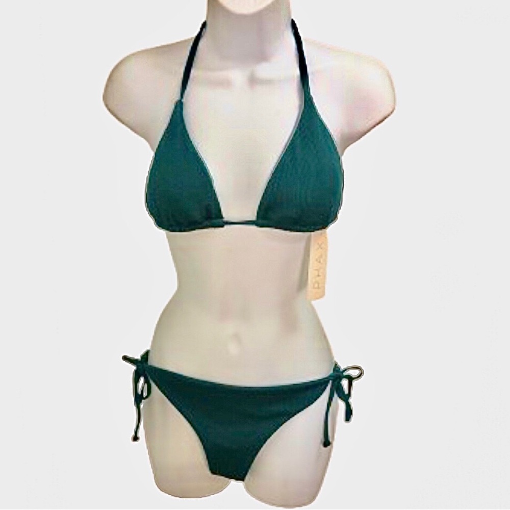 PHAX BIKINI • DASHING GREEN • TRIANGLE TIE SIDE CHEEKY BOTTOM SET • Sz M • NWT